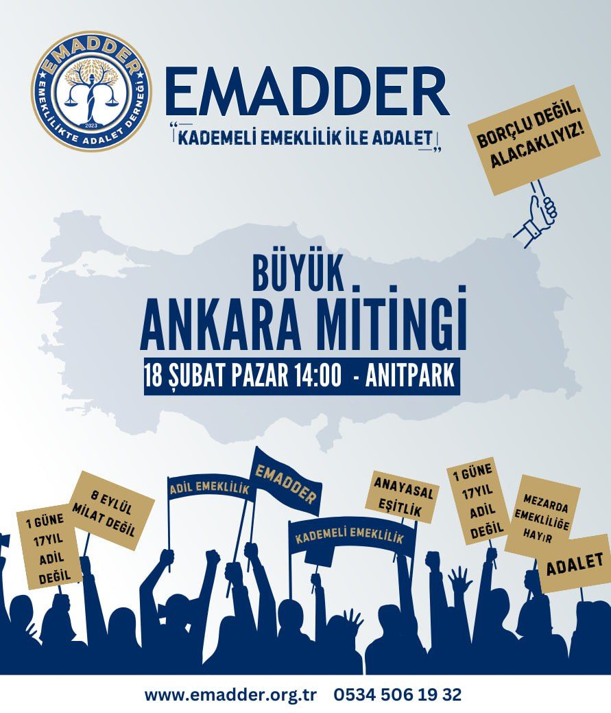 Kademeli emeklilik şarttır.
<a href="/EmadDernegi/">EMEKLİLİKTE ADALET DERNEĞİ ⚖️</a>
#2000lerAnkaraMitingi