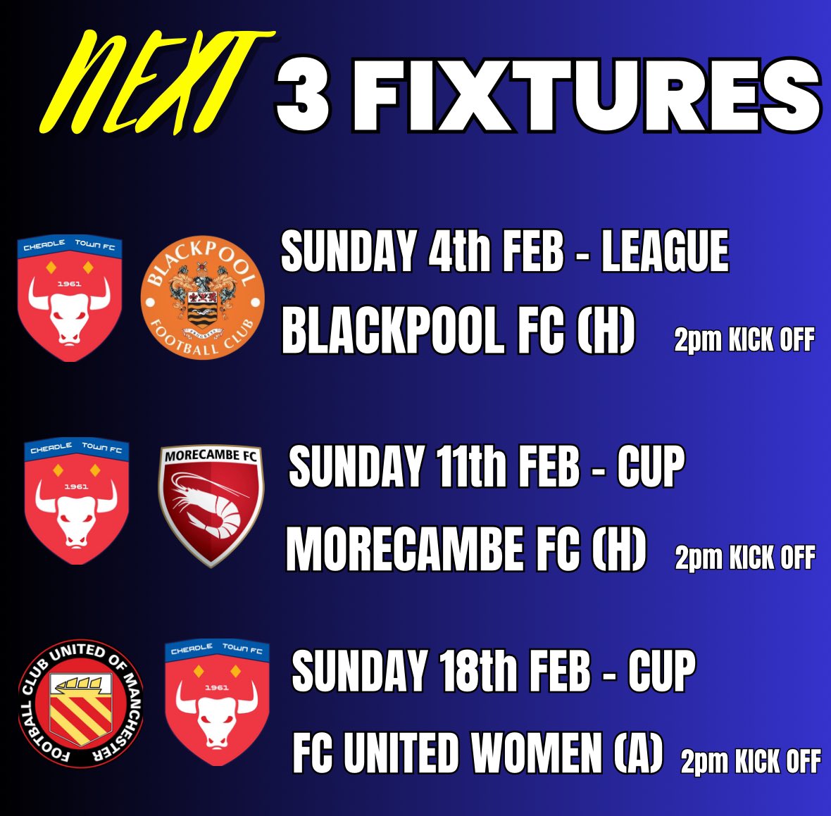 Here are our next 3 fixtures , hope to see you at a game soon.

#backthegirls 🟥⬜️🐝