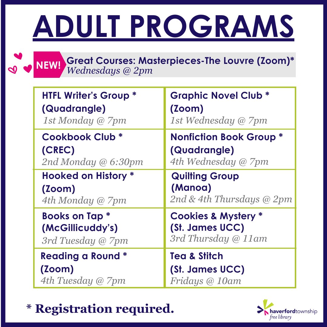 HaverfordLib's tweet photo. ๐โค๏ธYou'll love our February programs and events at Haverford Township Free Library! Register online and join us in celebrating the love of reading and community. See you at the library!๐
#HTFL #haverfordlibrary #htflevents #delcolibraries #haverfordpa #bookclub #librarylove https://t.co/rfQyZtQbEo