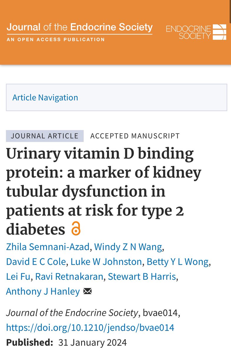 Happy to share our recent paper on the role of urinary #vitaminD binding protein as a potentially useful marker for predicting kidney dysfunction in subjects at risk for type 2 #diabetes!

Check out the <a href="/TheEndoSociety/">Endocrine Society</a> advance article release👇 
academic.oup.com/jes/article/do…