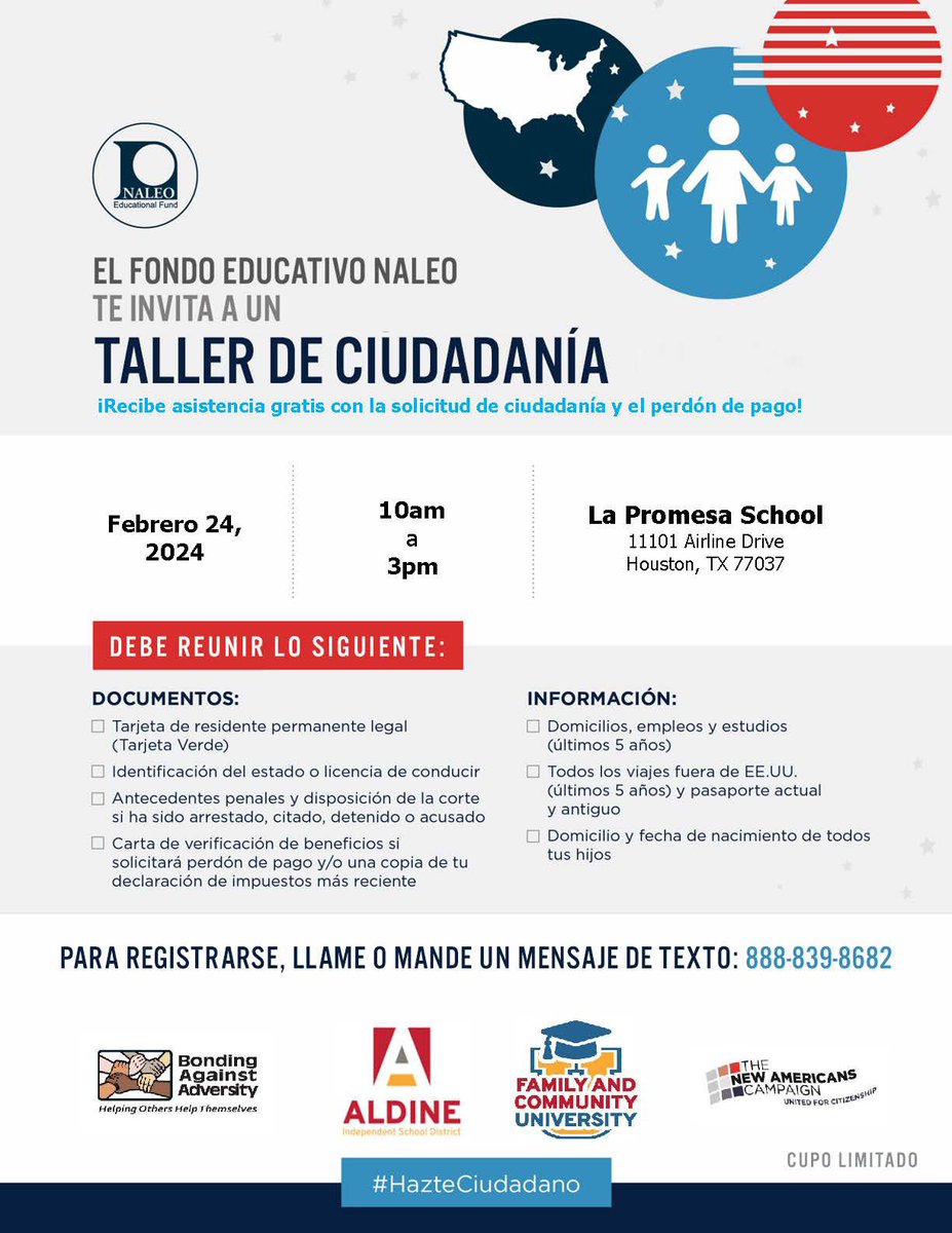 Adrian Izaguirre (@adrianatnaleo) on Twitter photo Para la comunidad de #Aldine y alrededores: El Fondo Educativo de NALEO, junto a <a href="/AldineISD/">Aldine ISD</a> <a href="/Aldine_FACE/">Aldine ISD Family and Community Engagement</a> y <a href="/BAATexas/">BAA Texas</a>, tendremos un taller de #ciudadania el 24 de febrero en <a href="/LaPromesa_AISD/">La Promesa</a>.Es necesario registrarse llamando al 888-839-8682. Los esperamos!
#HazteCiudadano #MiAldine Para la comunidad de #Aldine y alrededores: El Fondo Educativo de NALEO, junto a <a href="/AldineISD/">Aldine ISD</a> <a href="/Aldine_FACE/">Aldine ISD Family and Community Engagement</a> y <a href="/BAATexas/">BAA Texas</a>, tendremos un taller de #ciudadania el 24 de febrero en <a href="/LaPromesa_AISD/">La Promesa</a>.Es necesario registrarse llamando al 888-839-8682. Los esperamos!
#HazteCiudadano #MiAldine