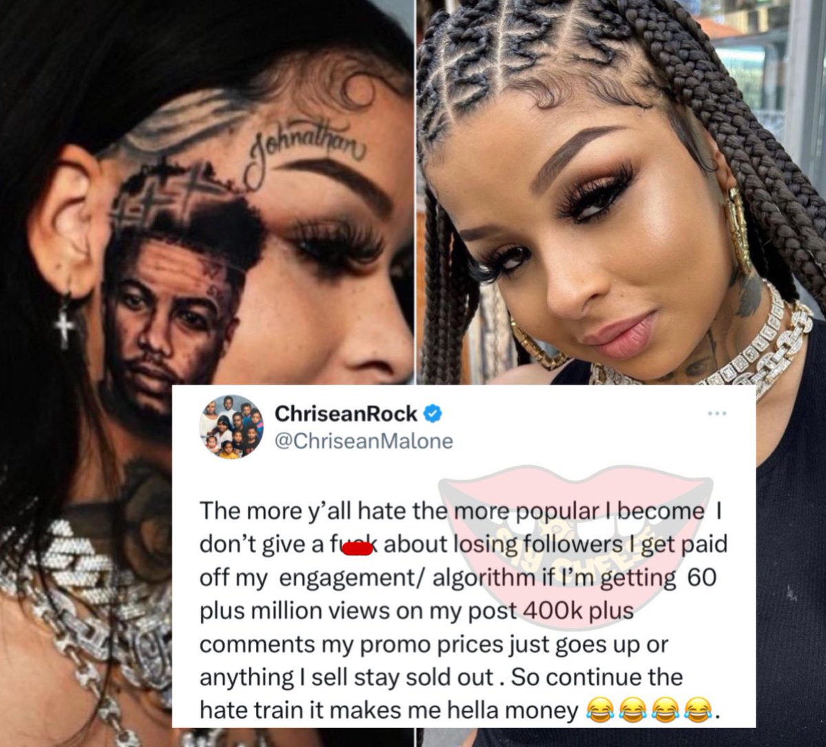 SaycheeseDGTL's tweet image. ChisreanRock reacts to losing over 300k followers after debuting Blueface tattoo: “The more yall hate the more popular I become”