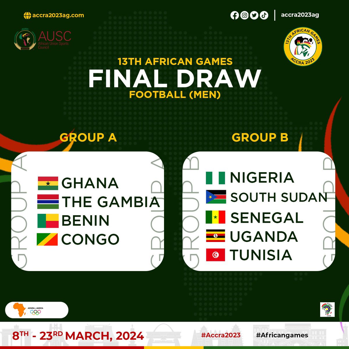 "Game on! 🔥 

CAF just unleashed the football frenzy with electrifying draws for the 13th African Games. Brace yourselves for epic clashes in women's and men's football. The battlefield is set! ⚽🏆 

 #AfricanGames
#Accra2023