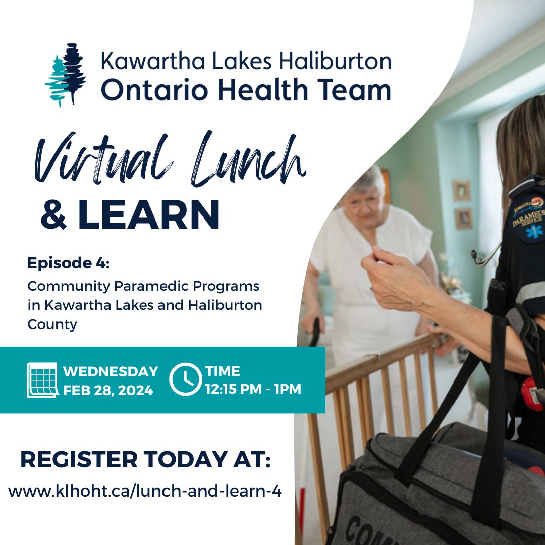 klhoht's tweet photo. Join us for our next virtual Lunch and Learn on February 28! Learn about Community Paramedic Programs in Kawartha Lakes and Haliburton County.

Visit https://t.co/9hsj3tEGWC to learn more and register! https://t.co/pgNjath3Pq