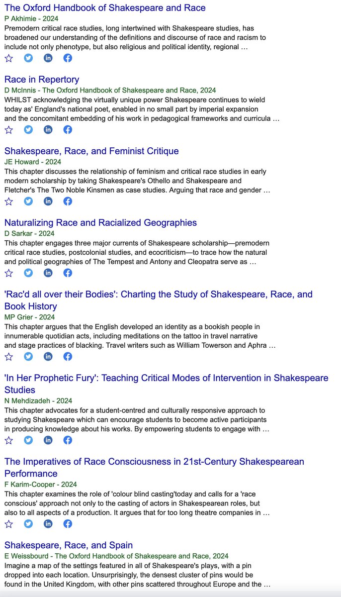 Love seeing this notification from Google Scholar about all of these brilliant articles just out in the Oxford Handbook on Shakespeare and Race edited by the brilliant @pakhimie. You will want to read everything in here! #ShakeRace