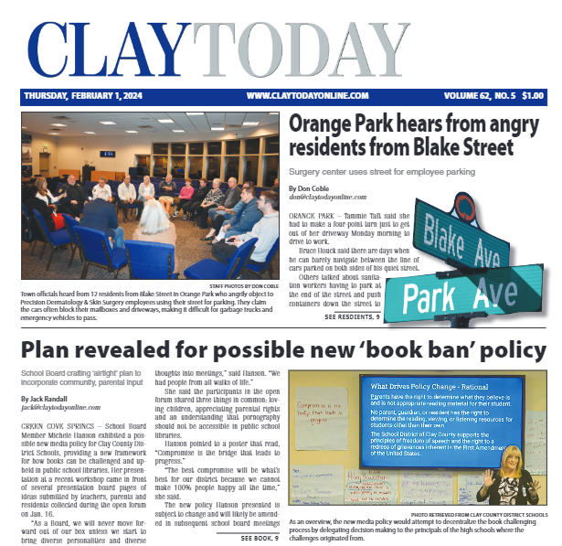 This week: "Twelve Angry Residents" living on Blake Street want their street back, a first glimpse at the new policy for challenging books in Clay County public schools, John Long was honored as the Firefighter of the Year, and Clay Behavioral Health improves mental health! 😁