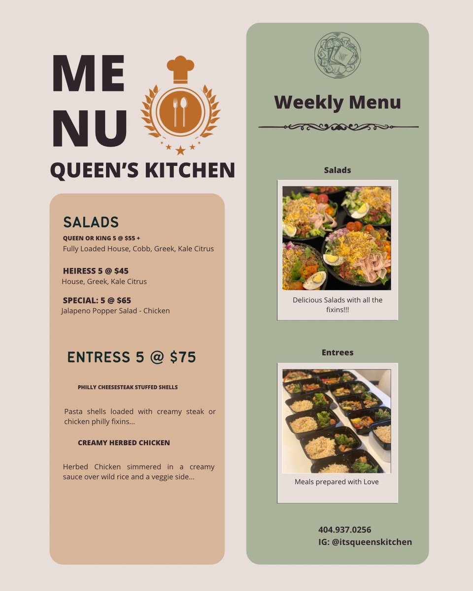 Support a small business this weekend… If you’re in or around Atlanta… and need meal prep or catering lets discuss how Queen’s Kitchen can help you!