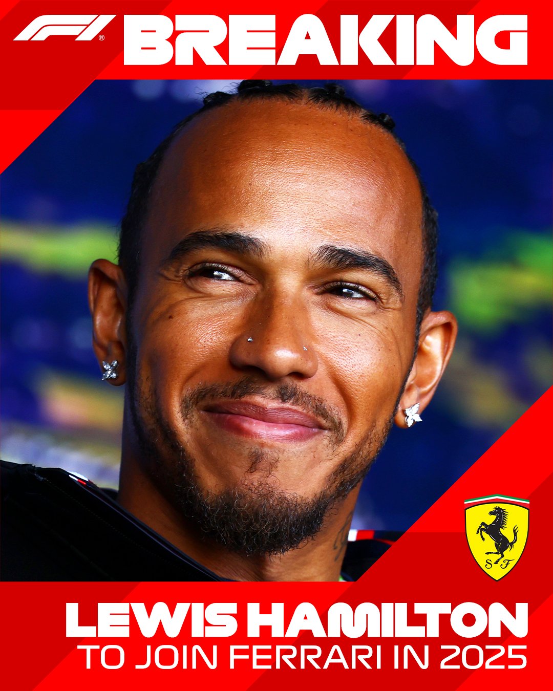 A breaking news graphic reading: Lewis Hamilton to join Ferrari in 2025