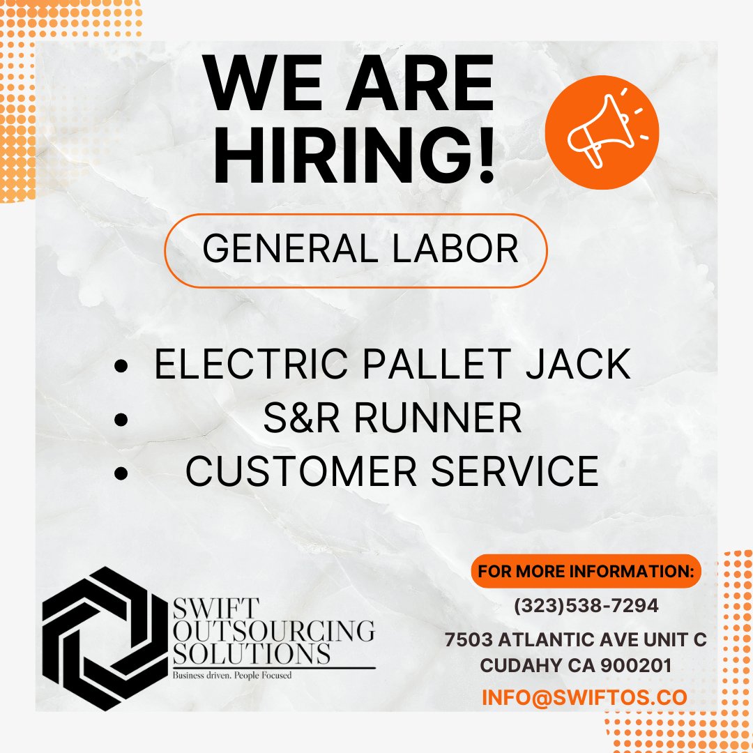 SwiftOS21's tweet photo. WE ARE HIRING !! APPLY NOW!!
#STAFFINGAGENCY #LOOKINGFORJOBS #CUDAHY #LOSANGELES #SWIFTOUTSOURCINGSOLUTIONS #SOS #FYP #APPLYNOW https://t.co/XyllR3s1Rg
