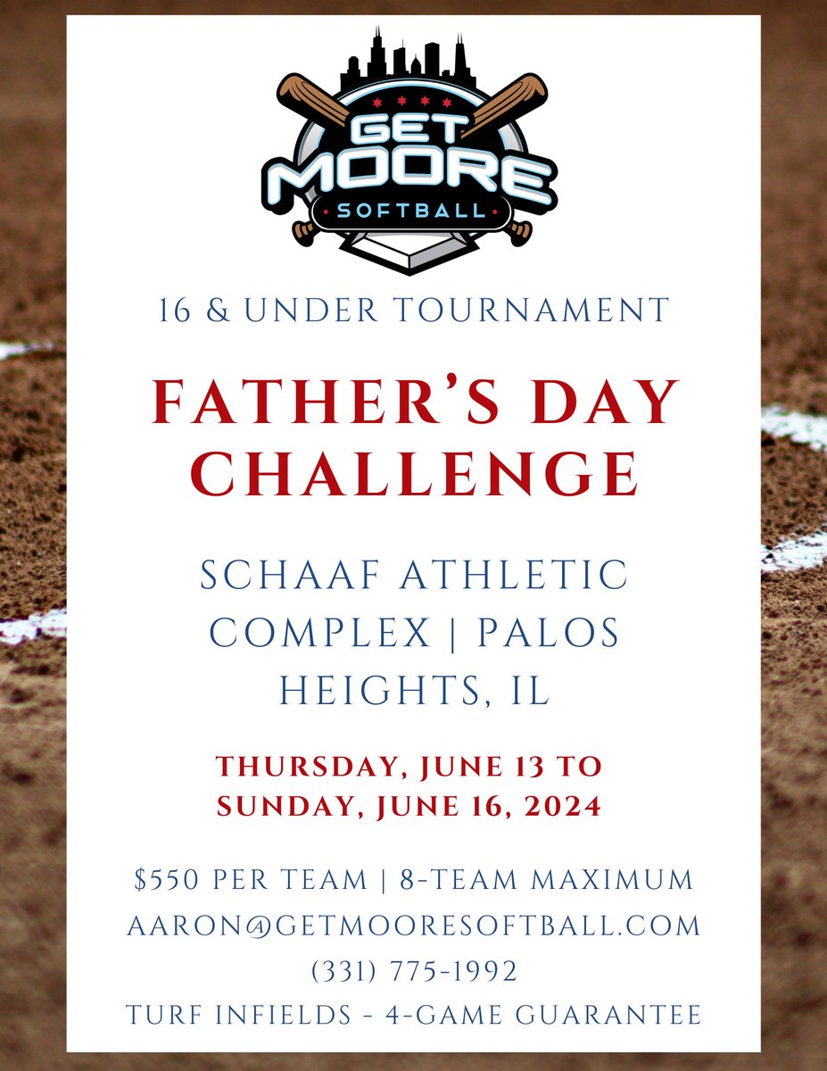 CoachAaronMoore's tweet photo. Looking for some 16u teams to play in Get Moore Softball’s Father’s Say Challenge. 
June 13-16
Schaaf Athletic Complex 
Turf infields
$550/team
Oh - and you’ll get to play in front of a college coach! https://t.co/dIBi2ZWXTB