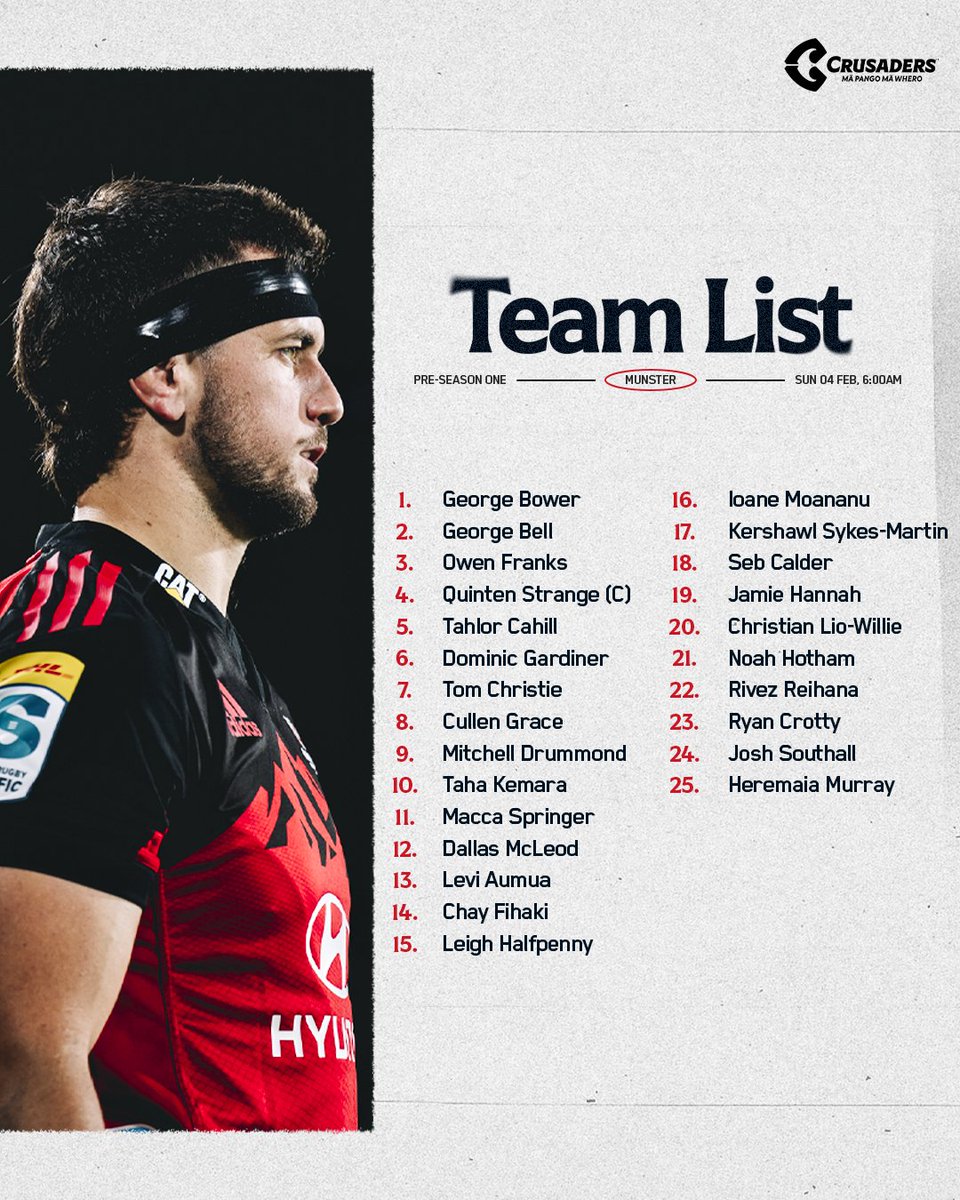 URC Champions Munster and Super Rugby Pacific Champions Crusaders Squads for the Saturday friendly match

#MUNvCRU #MunsterInThePáirc #SUAF 🔴 #SinBinRugby #SuperRugbyPacific #URC