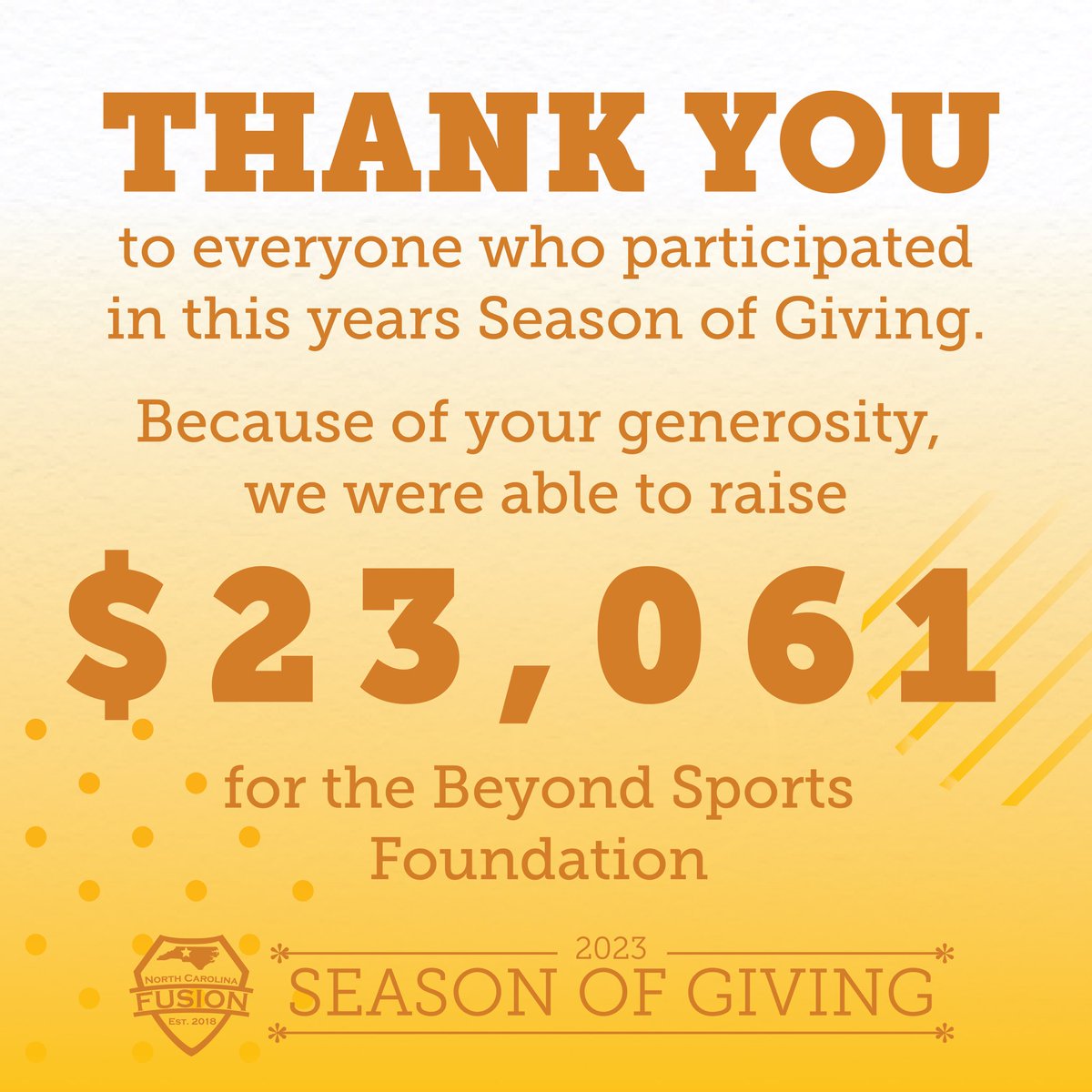 A HUGE thanks to everyone who participated in our annual Season of Giving campaign! 

With your help, we raised over $23,000! 

🔵🔴⚫️
#UptheFusion | #SeasonOfGiving