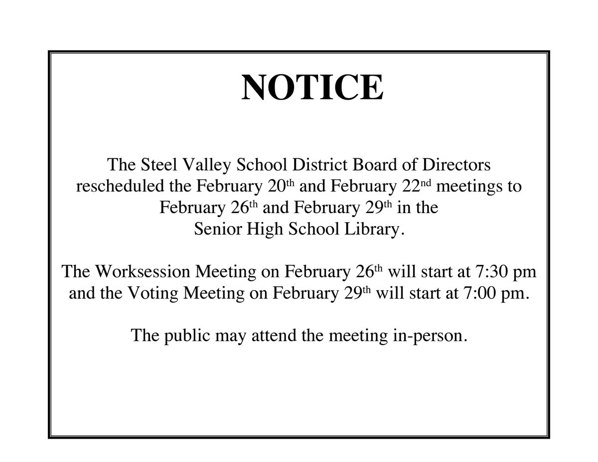 Please note the following change to the school board meeting schedule for February.