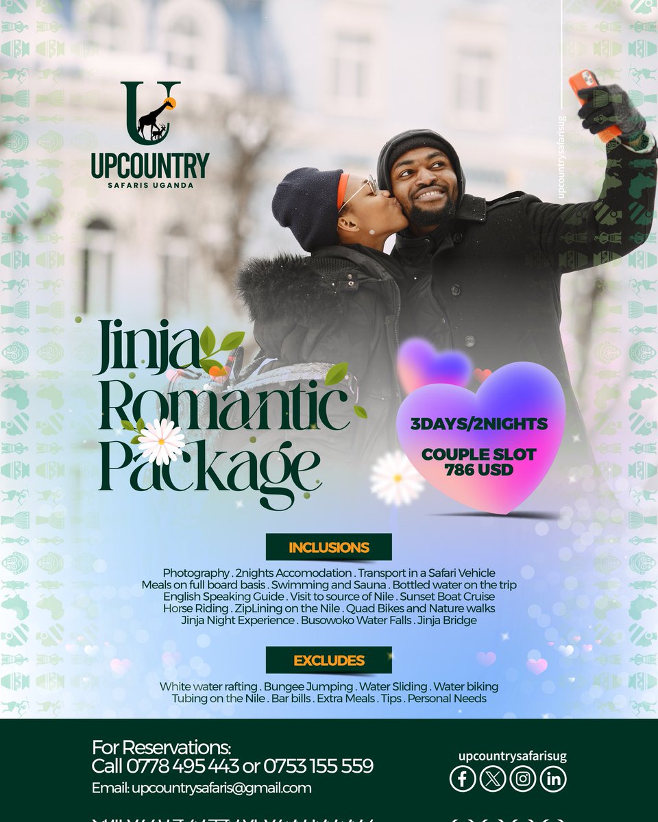 Upcountrysafari's tweet photo. "Escape the ordinary this valentine's Day! Subscribe to our Jinja Romantic Package for 2 or even to groups of 8pax.
Romantic boat rides on the Nile and cozy candlelight dinners by the waterfront.
Book today #valentinesday2024 #jinja #FallingInLoveAgain #upcountrysafarisug https://t.co/XOraWcjPZU