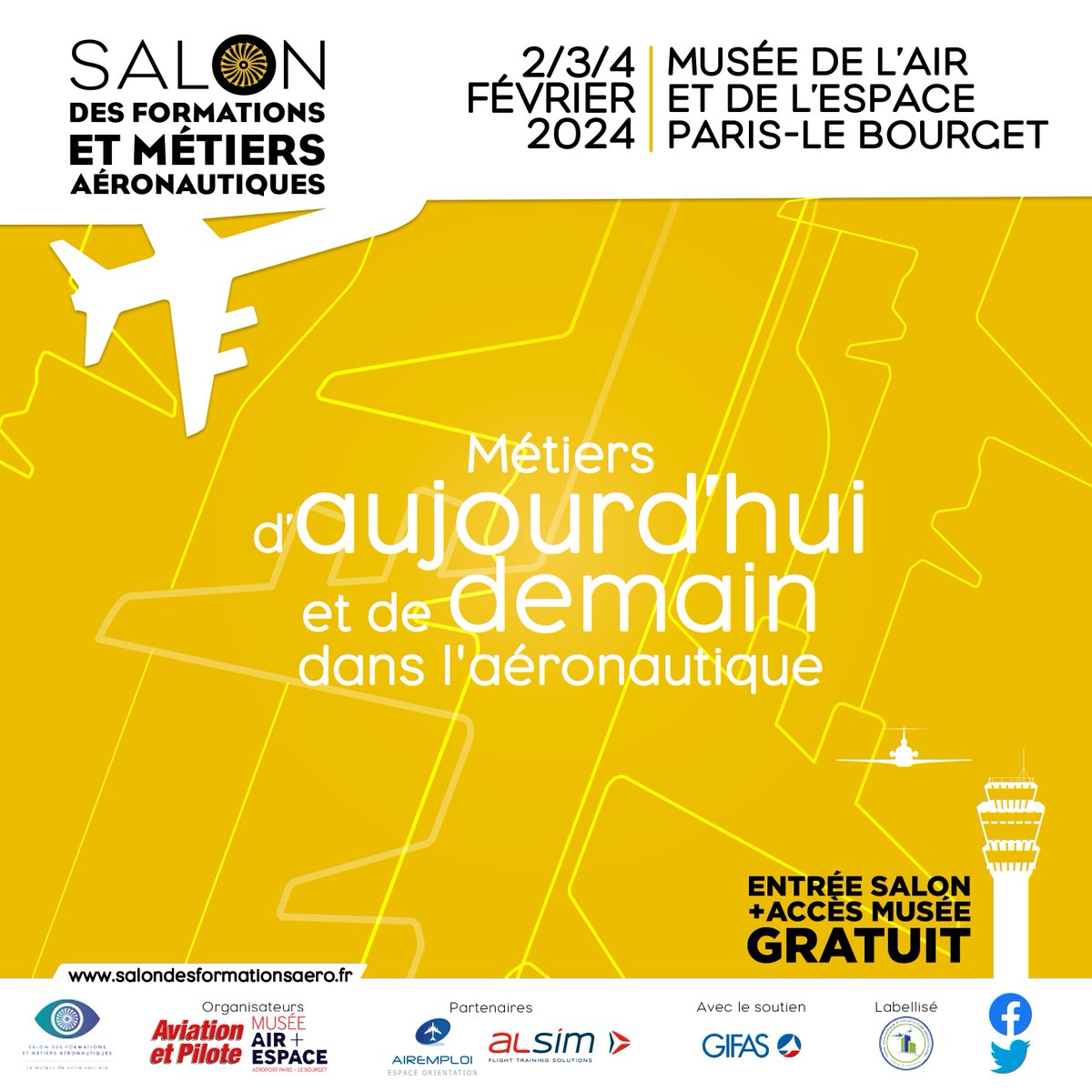 [Aviation] 2-4 février 2024 de 9h00 à 18h00 ✈️ Salon des Formations et Métiers Aéronautiques au <a href="/MuseeAirEspace/">Musée de l'Air et de l'Espace</a> [Le Bourget]. Pour accéder au salon, il suffit de s'inscrire sur le site internet du <a href="/sfmaero/">Salon des Formations et Métiers Aéronautiques</a> [entrée gratuite]
🛜 salondesformationsaero.fr
#SFMA24 #avgeek #recrutement