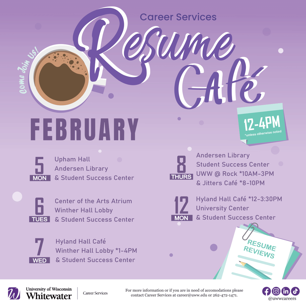 UWW_Library's tweet image. Get help with your resume!

Resume cafe will be held in the Andersen Library (main floor) from 12pm-4pm on Mon., Feb 5 &amp;amp; Thurs., Feb 8. 

No appointment. Come by on a drop-in basis! Bring a copy of you current resume, or come ready with a digital copy on your laptop.