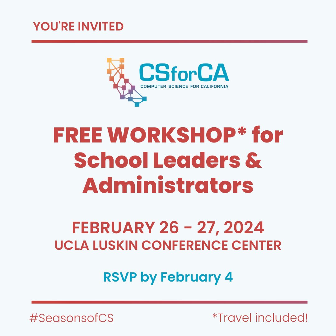 CSforCA's tweet image. Calling all California school leaders that are interested in offering well-rounded and equitable #STEM programming in their district!

The deadline to register for our free #schooladministrators workshop is this Sunday, 2/4. We hope to see you there!

bit.ly/CSEquity2024