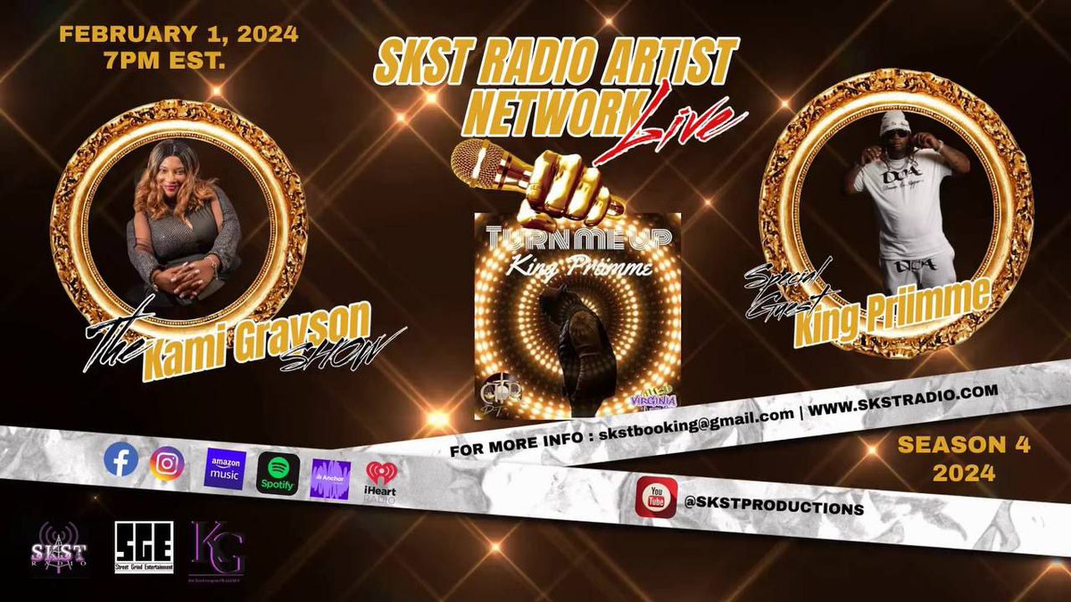 Tonight Virginia's Fleetdjs Recording Artist King Priimme @_kingpriimme @vafleetartist_kingpriimme will be coming through to chop it up as a special guest on The kami Grayson @kamsteer1 show SKST radio live tonight at 7pm est Season 4 2024 this is something you don't want to miss