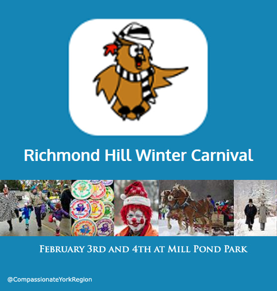 CompassionateYR's tweet photo. Exciting activities are happening in Richmond Hill during the next weekend! 
Richmond Hill Winter Carnival is coming to town! February 3 and 4, 2024, at Mill Pond Park.
@RHWCarnival 
#compassionateyorkregion
#compassionaterichmondhill
#40daysofpeacecompassionaterichmondhill https://t.co/MOWTZo4p1Z