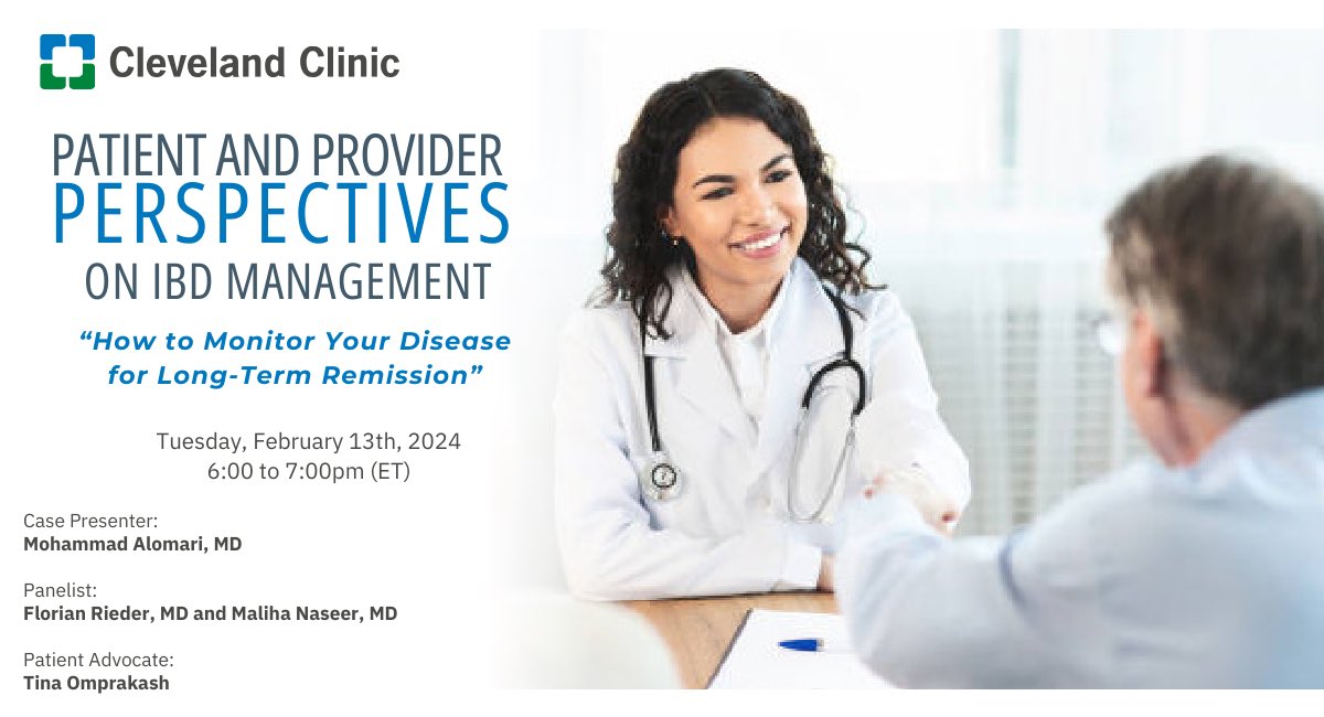 Carrie Bristor (@bristorcarrie) on Twitter photo You won't want to miss this!
On 2/13 @ 6:00pm (ET), Drs. <a href="/IBDBen/">Benjamin Cohen MD MAS</a>, <a href="/IBD_FloMD/">Florian Rieder</a>, <a href="/Alomari_MD/">Mohammad Alomari, MD</a> and <a href="/docmilli/">Maliha Naseer</a> will discuss "How to Monitor your Disease for Long-Term Remission"
Register today at:
cmrccf.webex.com/webappng/sites… You won't want to miss this!
On 2/13 @ 6:00pm (ET), Drs. <a href="/IBDBen/">Benjamin Cohen MD MAS</a>, <a href="/IBD_FloMD/">Florian Rieder</a>, <a href="/Alomari_MD/">Mohammad Alomari, MD</a> and <a href="/docmilli/">Maliha Naseer</a> will discuss "How to Monitor your Disease for Long-Term Remission"
Register today at:
cmrccf.webex.com/webappng/sites…