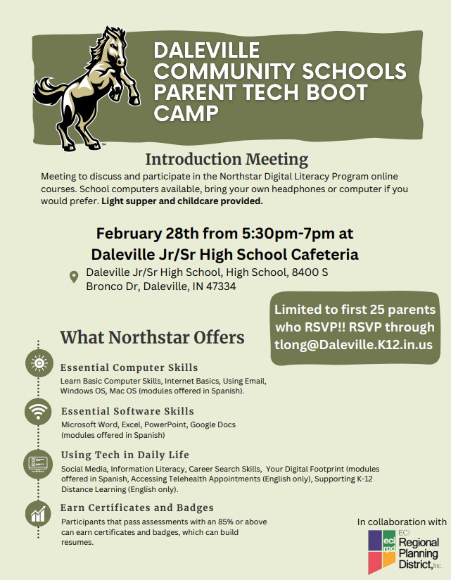 DCS_Broncos's tweet photo. Daleville Jr/Sr High School will host a meeting for parents interested in the Northstar Digital Literacy Program. This meeting will discuss more about Northstar and get participants enrolled in technology learning areas of choice. https://t.co/ryEMe5GAxS