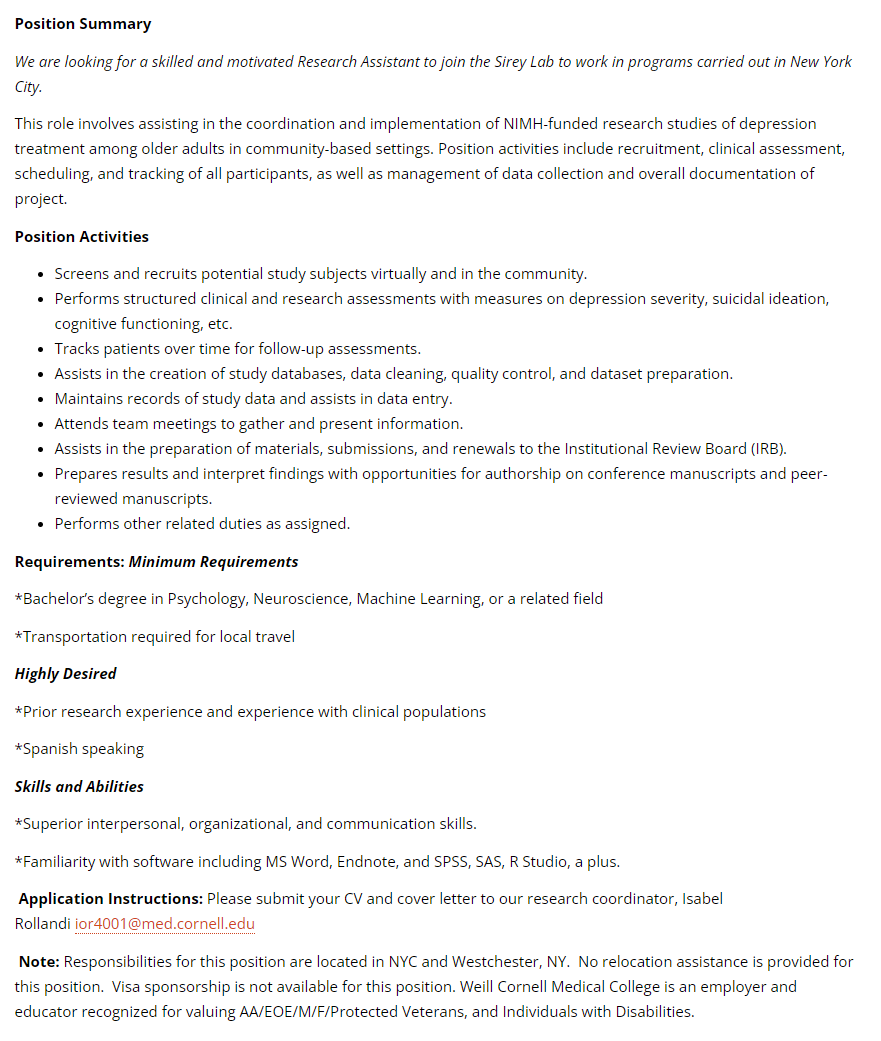 SireyLab's tweet photo. We are looking for a #ResearchAssistant to join the Sirey Lab to work on programs carried out in New York City! #hiring 

Check out the following links to apply:

🔗https://t.co/pX7zzGRrb9 (our website)

🔗https://t.co/OJmZoR9ZEH (handshake)

Please retweet😀 https://t.co/yARCGZj3dA