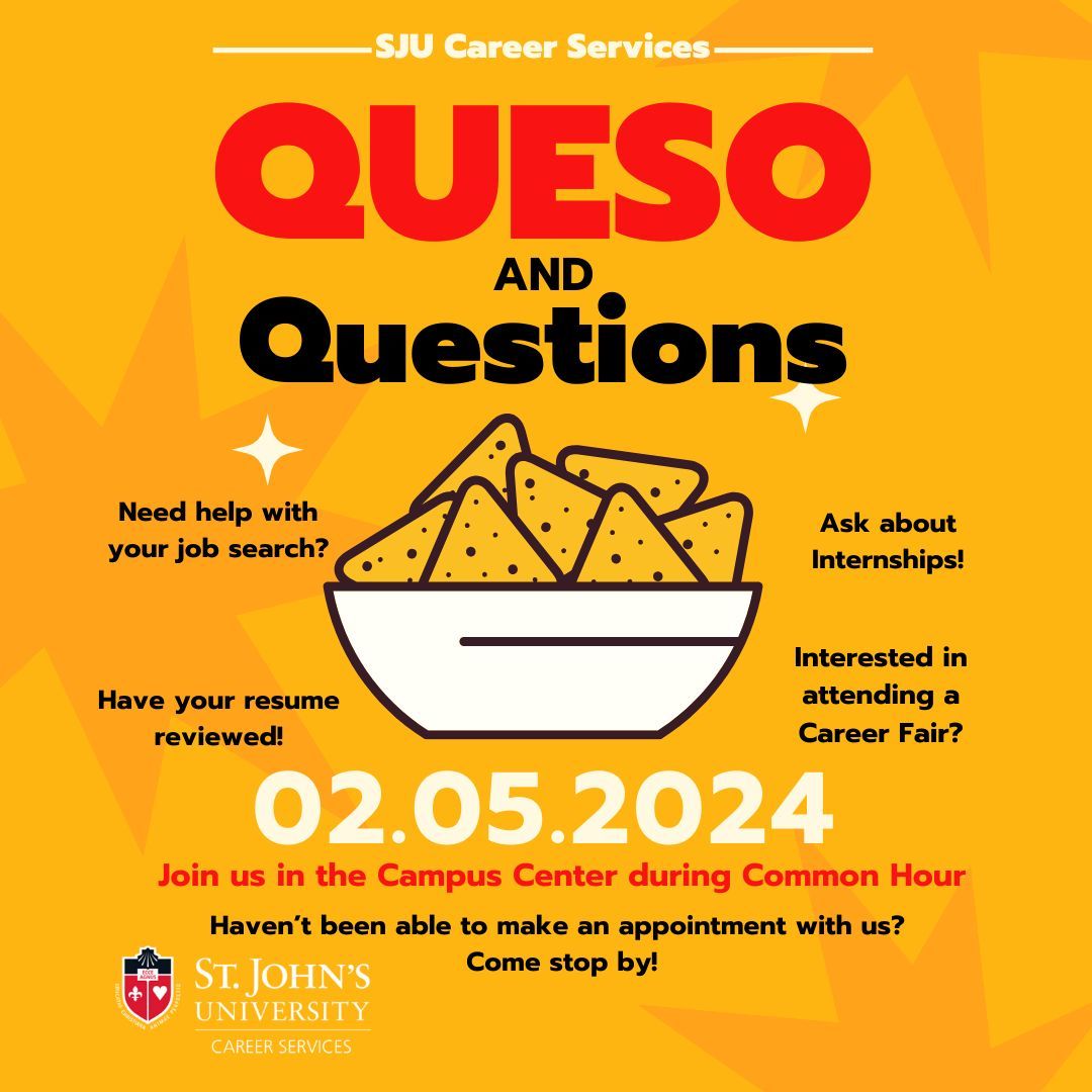 GetHiredSTJSI's tweet photo. Have questions about finding an internship or job? Transitioning to Queens...or not? Need your resume reviewed?

Career Services will be in Campus Center on Monday with chips and queso (and mac n cheese!) and available to answer your career related questions! https://t.co/AqPeAfzy0P