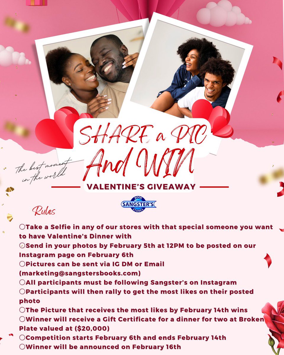 SangstersBooks's tweet image. Join Us in our Valentine’s Day Celebration Giveaway🌹✨ Take a selfie with your special someone in any of our stores for a chance to win a dinner for two at Broken Plate valued at $20,000 🍽️🎁 #takeapicandwin #valentinesgiveaway #shareapic