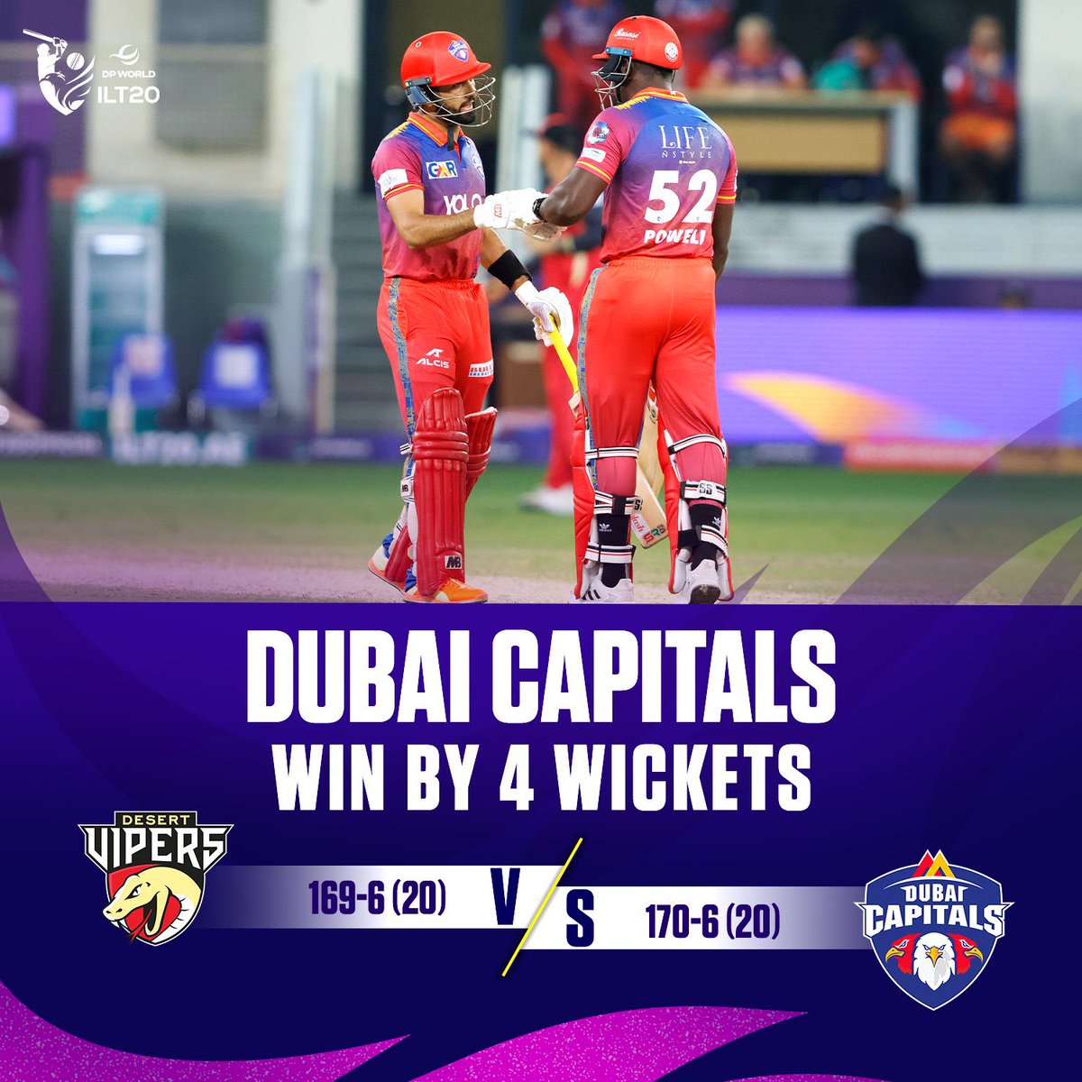 Last ball thriller at the Dubai International Cricket Stadium! Ben Dunk's sublime 59 and some late strikes from the bat of Rovman Powell have helped the Dubai Capitals register a brilliant 4-wicket win! 🔥💥

#DPWorldILT20 #DCvDV