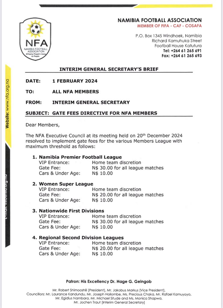 FootyNamibia's tweet photo. ▪️NFA has implemented fixed gate fees.
▪️Debmarine Premiership N$30
▪️WSL - N$20
▪️First Division : N$30
▪️2nd Divisions : N$20
#NoOverPrice #FootyNamibia https://t.co/CWapj9e2Ll