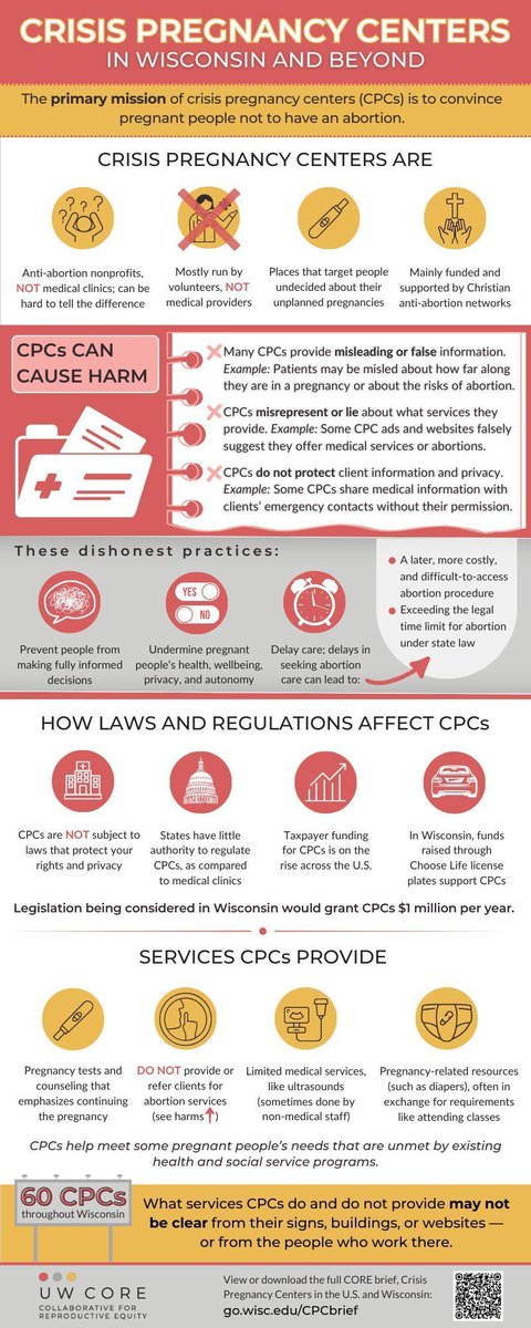 WiscCORE's tweet image. Crisis pregnancy centers (CPCs) often present themselves as healthcare clinics but seek to dissuade people from accessing abortion and some contraceptives. A new CORE brief and infographic summarize the available evidence on #CPCs in Wisconsin and beyond: bit.ly/42E1hlv