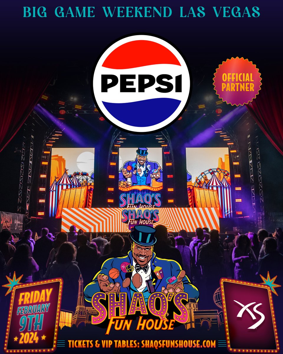 ShaqsFunHouse's tweet image. Step right up to the ultimate flavor carnival at #ShaqsFunHouse, where every sip is a thrill made Better with @Pepsi! 🎠 Refresh at the Pepsi bar, sip exclusive cocktails, and dance the night away with a Pepsi by your side. Vegas, let the flavor festivities begin!