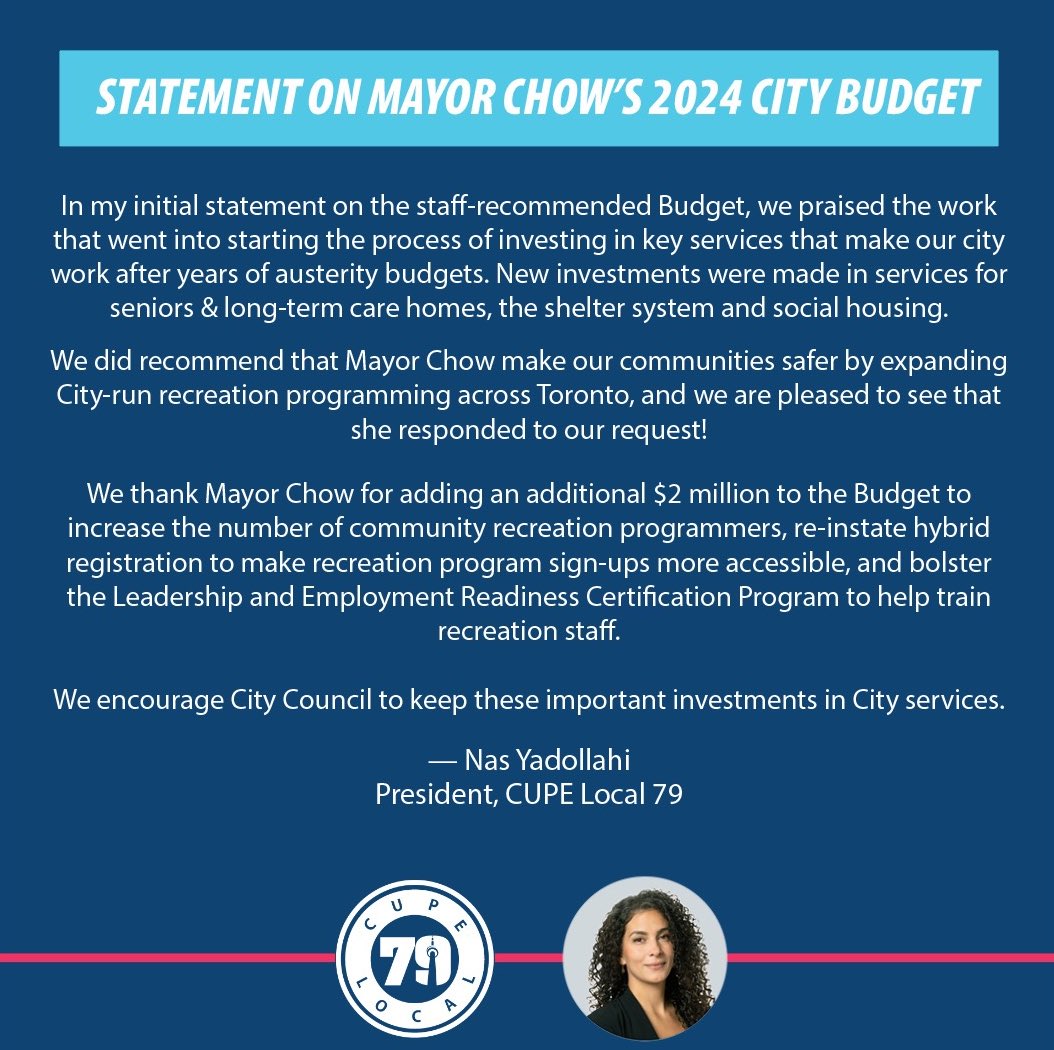 We thank @MayorOliviaChow for adding $2 million to the 2024 City Budget to make our communities safer and more liveable by expanding recreation programming. Read full statement from Local 79 President @NasYadollahi below.