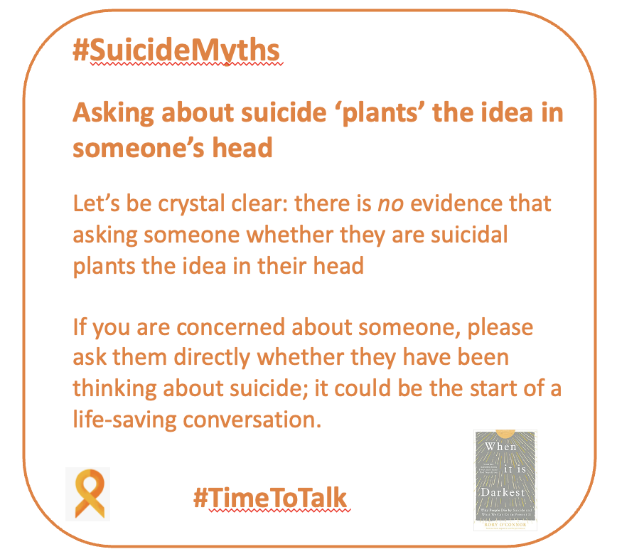 If you are concerned that someone you know may be suicidal, please ask them directly whether they have been thinking about suicide. It could save a life #TimeToTalk