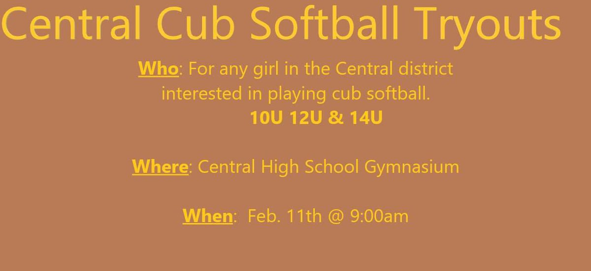 CBearsSoftball's tweet photo. ‼️Cub Tryouts!!!
All girls 14u 12u and 10u interested in playing in the Central Cub Softball program! https://t.co/wv62IBTvZH