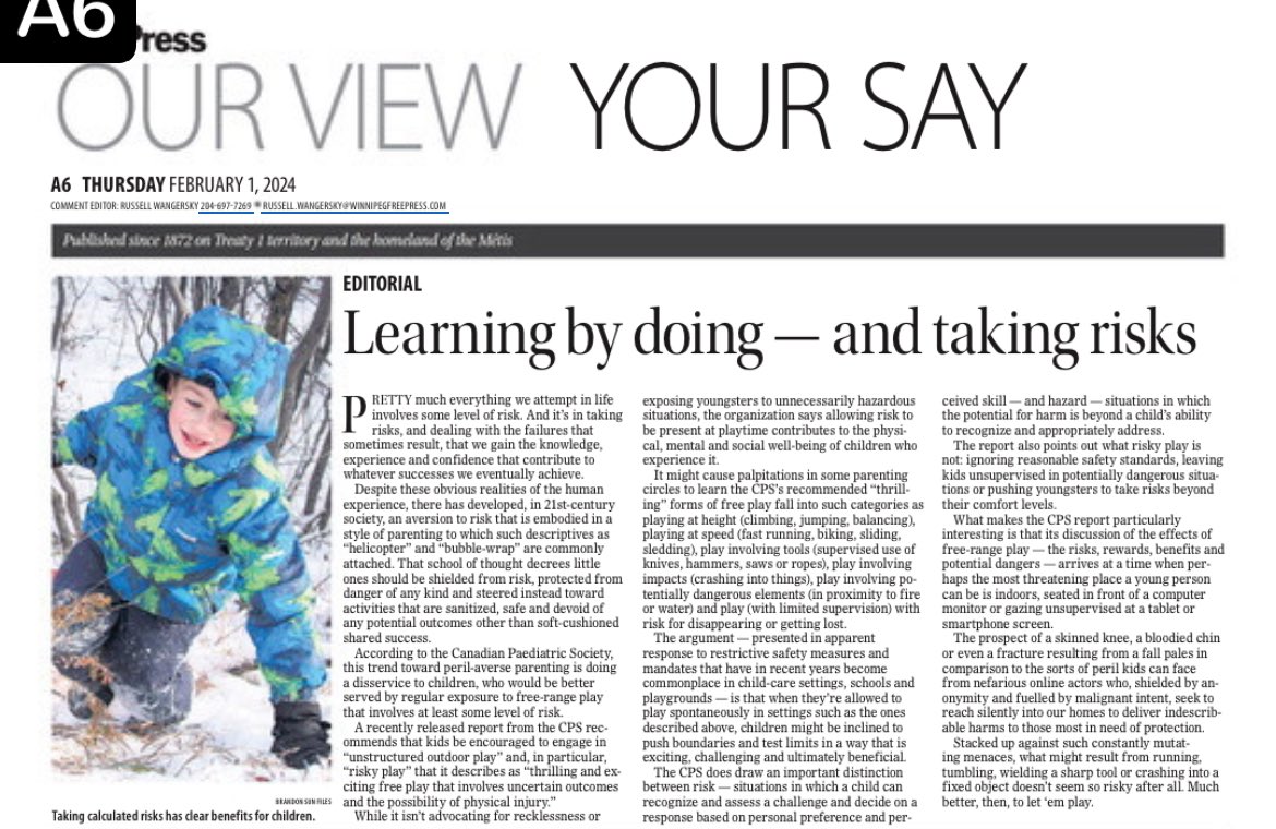 1/2- Every parent, educator, recess supervisor, and daycare should read this article about risky play for kids. It’s OK everyone if kids get bumps and bruises. They will be OK and learn. Testing boundaries is how we learn.