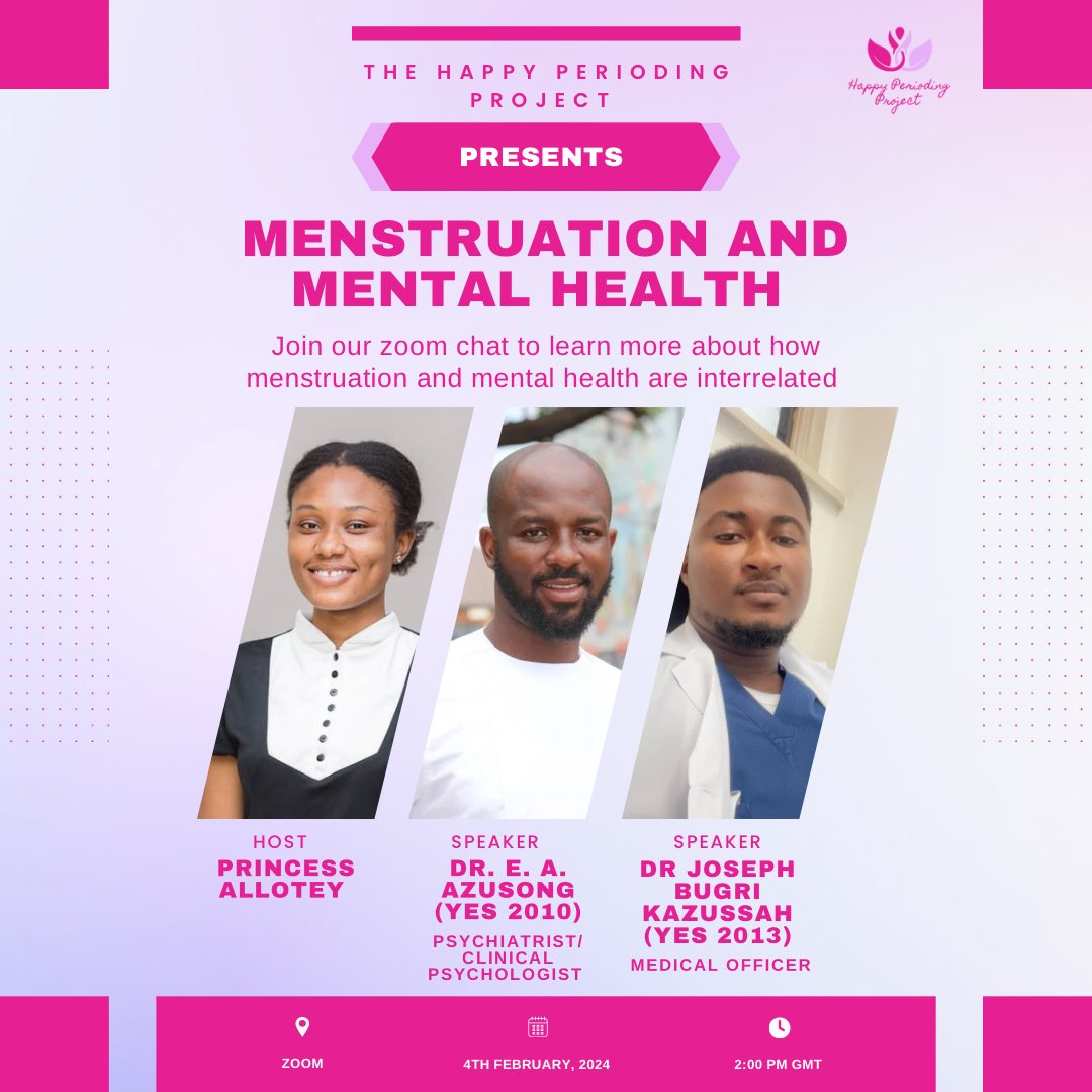 Happy Perioding invites you to join us for an engaging session on menstruation, mental health and the relation between the two. 

Venue: Zoom
Date: Sunday, 4th February, 2024
Time: 2 pm GMT

Do not miss out. #HappyPerioding 💕💜

#KLYES20 #KLYES #YESAlumni