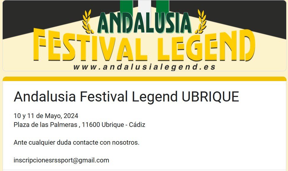 RSSPORT5's tweet photo. Ya están abiertas las pre-inscripciones de la próxima cita del Andalusia festival legend de los próximos 10 y 11 de Mayo en Ubrique.
Enlace al formulario:
https://t.co/LKaxagj68e
#ubrique #andalusiafestivallegend #RSSPORT https://t.co/dBdxp0s7SM