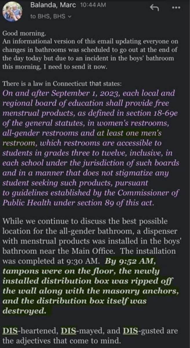 libsoftiktok's tweet photo. The tampon dispenser in a boy’s bathroom in a Connecticut school was ripped down 20 minutes after being installed.

The principal sent out an email describing the event as “the most egregious instance of vandalism” and promised “consequences” for the “list of suspects.”

Democrats in Connecticut passed a law requiring all schools to have menstrual products in at least 1 boy’s bathroom.

Source: https://t.co/jCm0peB6S1
