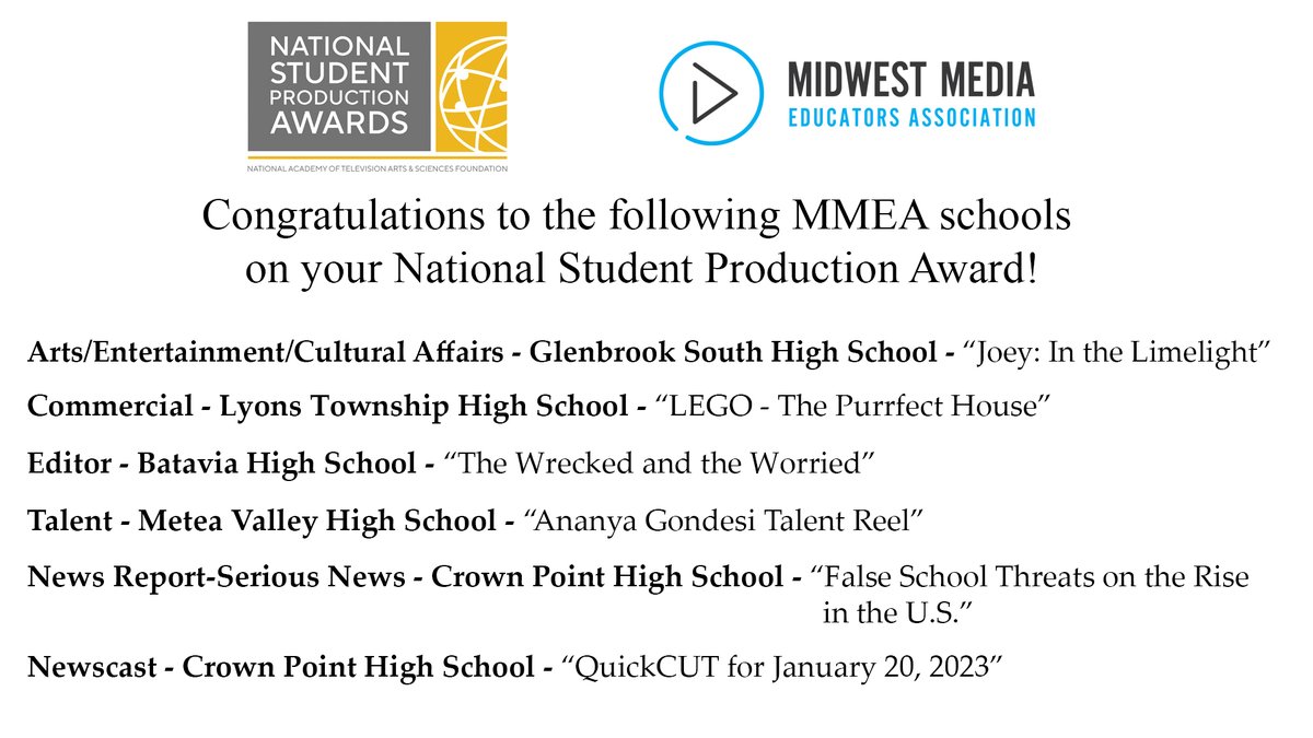 Congratulations to our MMEA schools on their National Student Production Awards! <a href="/CrownTMedia/">Crown Town Media</a> <a href="/gbs_tv/">Glenbrook South TV</a>   <a href="/LTTV/">🅻🆃🆃🆅</a>  @bataviahs101 <a href="/MVHSMane/">The Mane</a>  <a href="/NATASSPA/">NATAS Student Awards</a> <a href="/chi_natas/">Chi/Midwest NATAS</a>