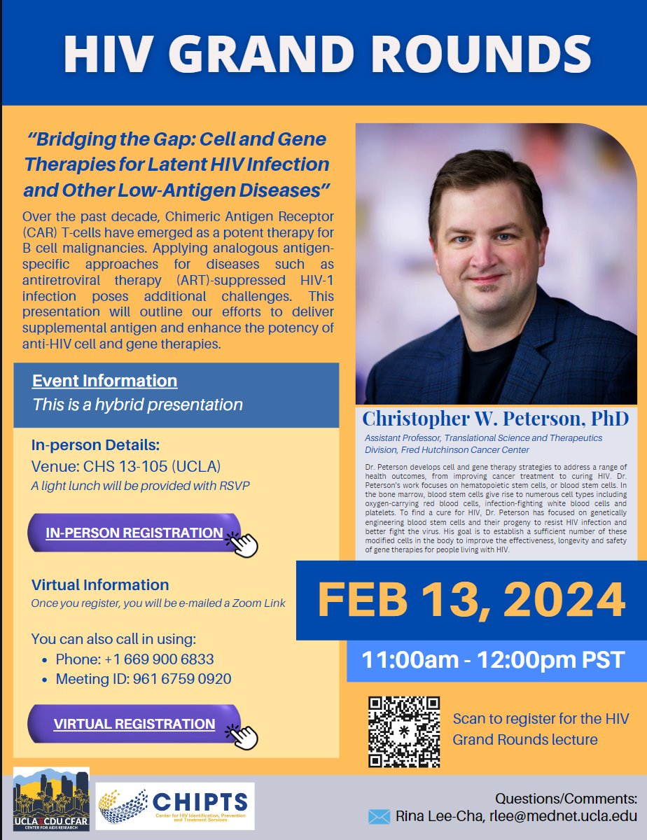 Join us for the next #HIVGrandRounds session on February 13, 2024, at 11AM PT! Dr. Christopher W. Peterson will outline efforts to deliver supplemental antigen and enhance the potency of anti-HIV cell and gene therapies. Register here: tinyurl.com/yc52vuc9