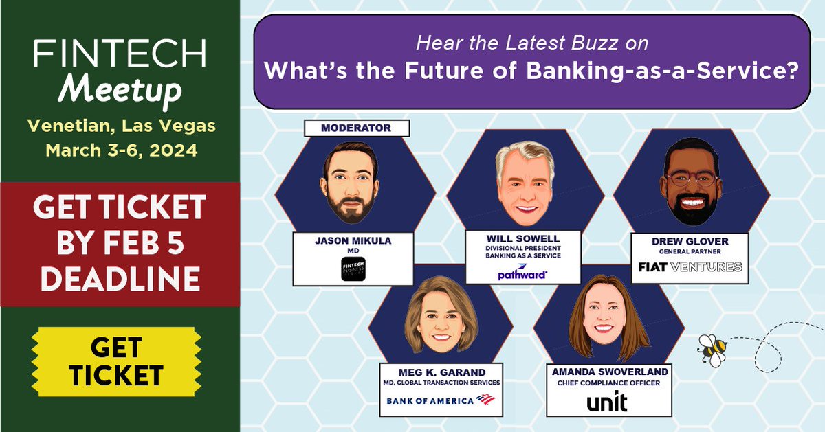 Join Jason Mikula from Fintech Business Weekly, Will Sowell from Pathward, Drew Glover from @FiatVen, Meg Garand from @BankofAmerica, and Amanda Swoverland from @unit_co_ at Fintech Meetup (March 3-6), Las Vegas as they discuss What's the Future of Banking-as-a-Service. Only 4…