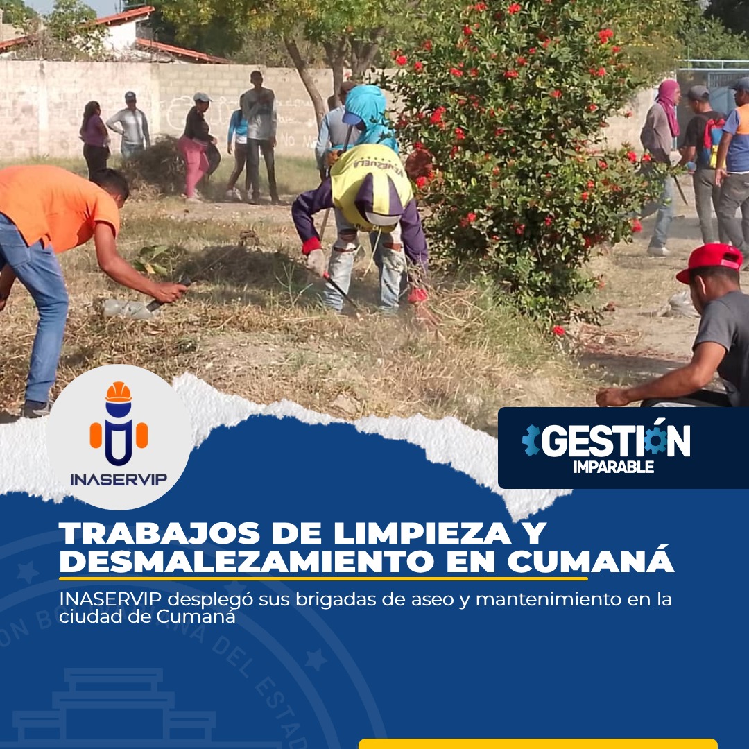 INASERVIP (@inaservip) on Twitter photo Este jueves INASERVIP benefició a dos localidades en Cumaná con trabajos de limpieza y desmalezamiento.
Nuestros brigadistas se desplegaron en la comunidad El Pinar y en La Guardia del Pueblo de playa San Luis.
@GPintoVzla
<a href="/NicolasMaduro/">Nicolás Maduro</a>
#FebreroAntiimperialista Este jueves INASERVIP benefició a dos localidades en Cumaná con trabajos de limpieza y desmalezamiento.
Nuestros brigadistas se desplegaron en la comunidad El Pinar y en La Guardia del Pueblo de playa San Luis.
@GPintoVzla
<a href="/NicolasMaduro/">Nicolás Maduro</a>
#FebreroAntiimperialista