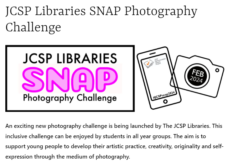 jcsplibraries's tweet photo. Hear ye! Hear ye! Our exciting SNAP Photography Challenge launched today and will run right throughout February. Watch out for daily tips and prompts. Open to all JCSP/DEIS schools.
Cameras at the ready- nd shoot! #JCSPsnap2024 #jcsplibraries
Full details: https://t.co/AZ2LhOam9J https://t.co/YBKE2J9n3E