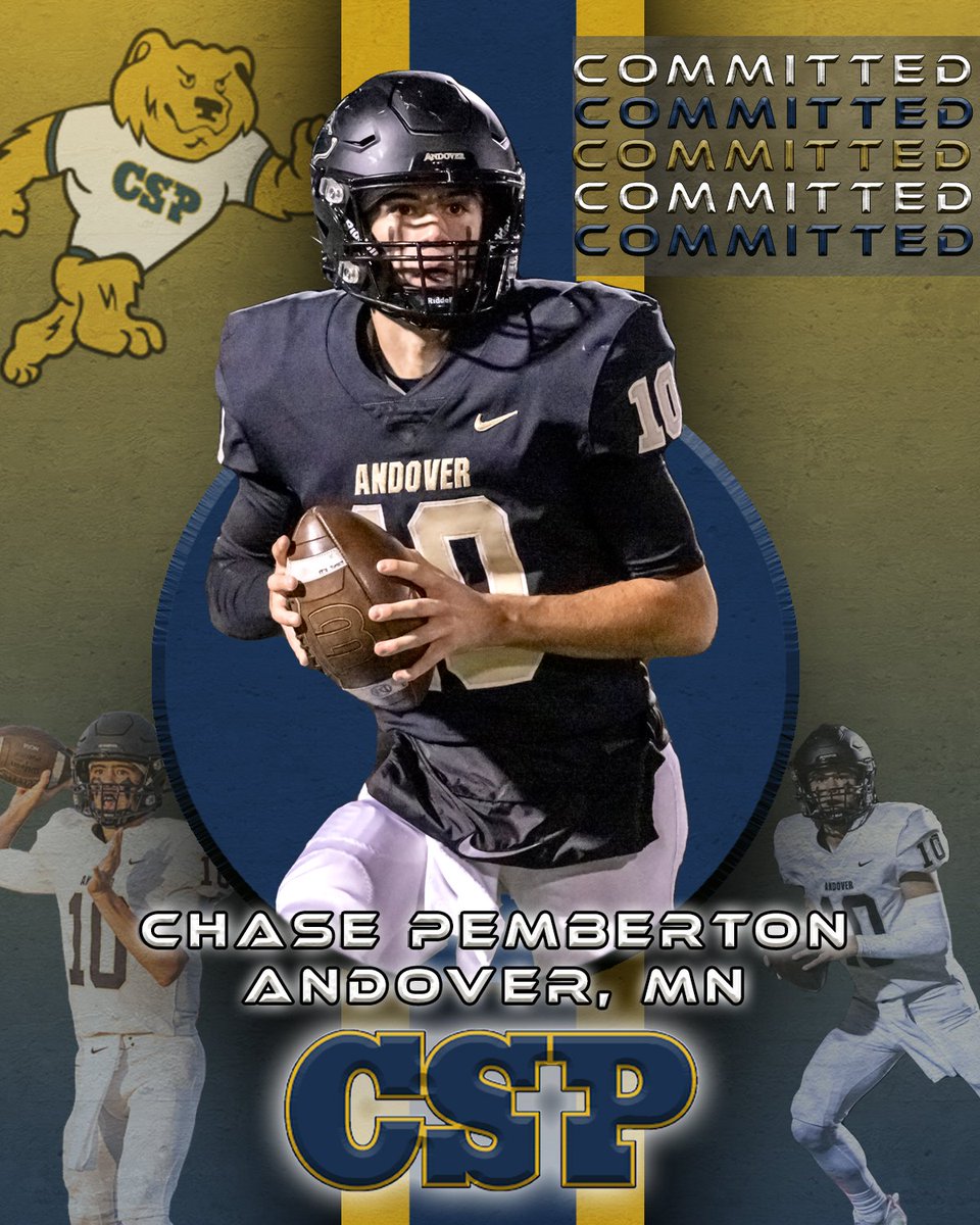 Committed!! Go 🐻! <a href="/CSPBearsFB/">CSP Golden Bears Football</a> <a href="/CoachCurrierCSP/">Coach-ShannonCurrier</a> <a href="/AndoverHuskies/">Andover HS Football</a> <a href="/612Qs/">612 Quarterbacks</a> <a href="/PrepRedzoneMN/">Prep Redzone Minnesota</a>