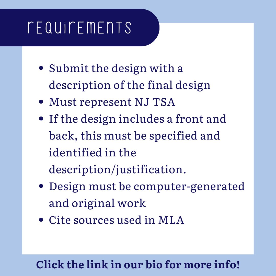 Design NJ TSA merch! The selected design will be produced, available to purchase, and represent NJ TSA during Nationals! This is a great way to use your design skills to make an impact, as a portion of the proceeds will be directly donated to the American Cancer Society. #NJTSA