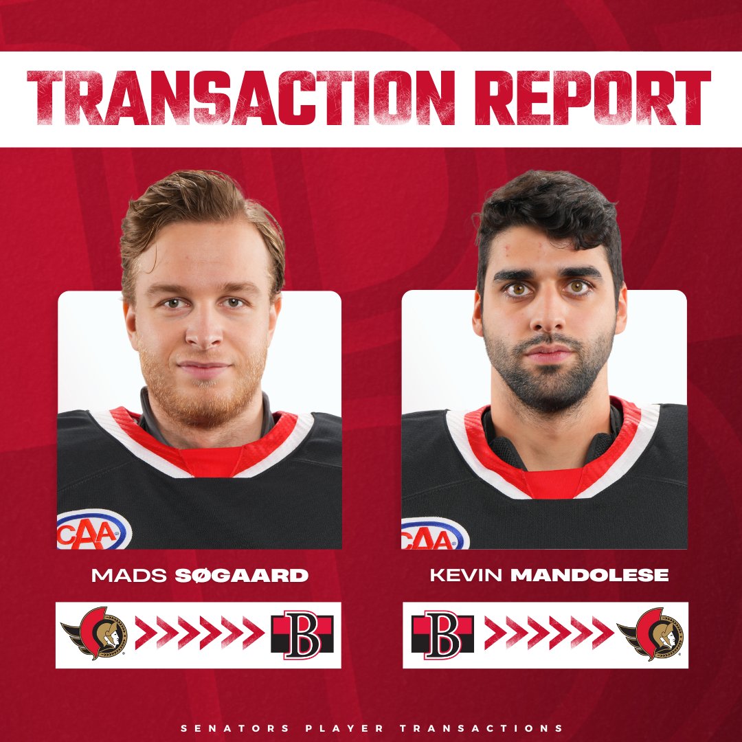 BellevilleSens's tweet image. TRANSACTIONS: The @Senators have re-assigned goaltender Mads Søgaard to the #BellevilleSens and recalled goaltender Kevin Mandolese.