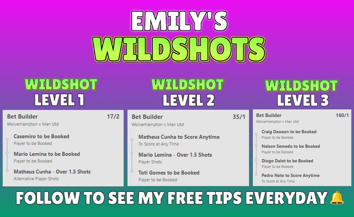 WOLVES VS MAN UNITED BET BUILDERS AND WILDSHOTS😍

I landed a 781/1 bet builder last week, who's ready for an incredible night!😜

Everybody who ❤️ and retweets this tweet will get my upcoming tips!👀

You must turn my notifications on and drop me a follow to receive my tips🔔