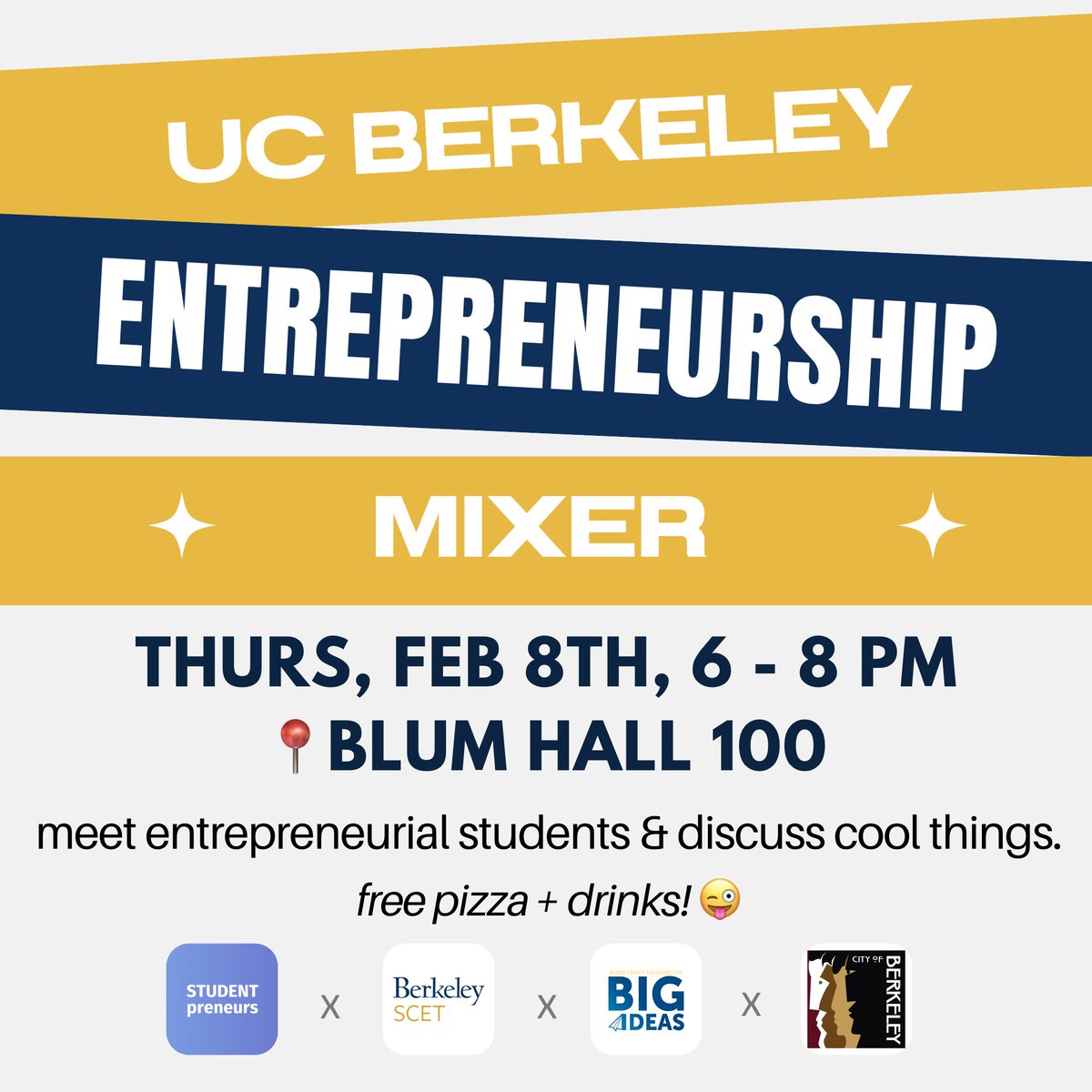 👀💡 Want to meet entrepreneurial students, from creative artists to technological engineers?  Join us for UC Berkeley’s campus-wide entrepreneurship mixer! 
bit.ly/3vX5nbV

<a href="/spclub_/">studentpreneurs</a> <a href="/VanessaKahkesh/">Vanessa Kahkesh</a> <a href="/BigIdeasContest/">Big Ideas Contest</a> <a href="/CityofBerkeley/">City of Berkeley</a> 
#Innovation #Networking #Berkeley