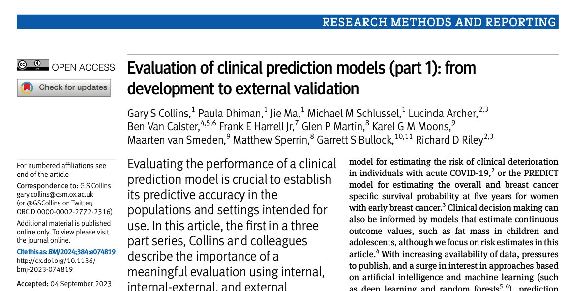 In this recent 3 part series in the @bmj_latest, CSM colleagues & collaborators provide guidance on evaluating predictions models Part 1 discusses the importance of a meaningful evaluation, exploring heterogeneity, fairness & generalisability tinyurl.com/3h4zfvfw